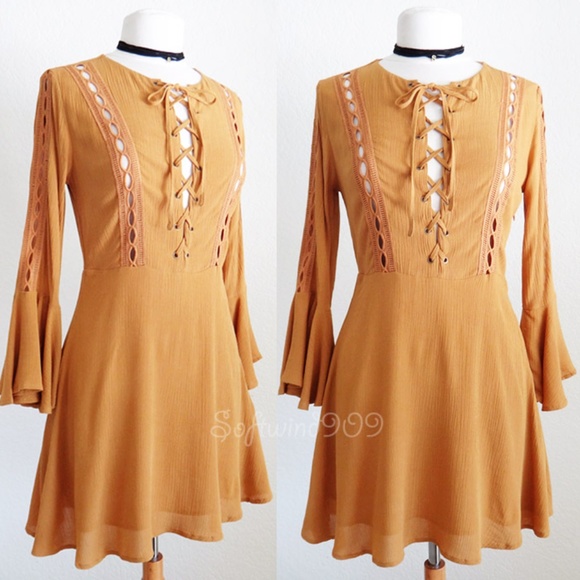 Last☝️Forever 21 Mustard Lace Up Cute Skater Dress - Picture 2 of 8